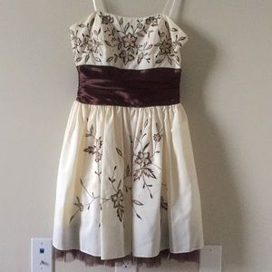 Strapless Beige & Brown Embroidered Prom Dress